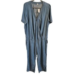 Gap Maternity Size L NEW Denim Chambray  Jumpsuit Elastic Waist Crossover Casual